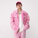 Ilooove Trendy Korean Male Pink Color Set Solid Color Lapel Denim Jacket Coat Wide Leg Straight Jeans Men's Casual Two Piece 9A8557