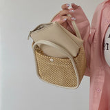 Summer Straw Bag Women Fashion Casual Designer Handbag Ladies Solid Color Woven Shoulder Bag Holiday Beach Small Bucket Bag