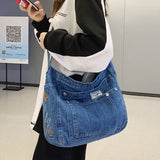 Multi Pocket Female Shoulder Bags High Quality Jeans Soft Portable Lady Chic Tote Bags Washed Denim Casual Women's Crossbody Bag