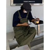 Ilooove 2023 Men's Retro Designer Overalls Workwear Sling Korean Loose Wide Leg Jumpsuit Streetwear Solid Color Men's Clothing