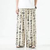 Men Chinese Style Printed Characters Wide Leg Pants Summer Fashion Sports Baggy Tide Trousers Darkwear Letter Streetwear Unisex