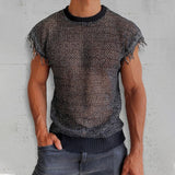 Men Summer Hollow Knit Vest Sleeveless O Neck Basic Pullover Tee for Man Casual Tassel Solid T Shirt 2023 Mesh See Through Top
