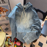 American Vintage Jeans Top Handsome Denim Hooded Sweatshirt Men Women Autumn Winter Hong Kong Style High Street Jacket