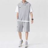 Summer Men's Large Size Sports Suit Breathable Casual Wear Wild High Street Chic Fake Two-piece Casual T-shirt + Simple Shorts