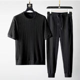 2023 Summer Fashion Trend Men Two-Piece Set Short Sleeved T-Shirt Long Pants Suit Korean Quick Drying Ice Silk Sportswear