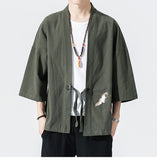 2023 Summer Men's Cotton Blends Linen Open Front Cardigan Embroidery Kimono Jackets