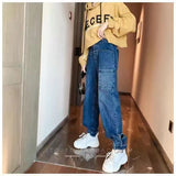 Embroidered patch hole straight jeans men and women stitching jogging pants trend loose wide leg hip hop trousers hot sale ins