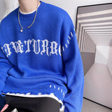 Privathinker High Street Ripped Men's Sweater Loose Fashion Brand Unisex Knitted Pullovers Round Neck Letter Autumn Knitwear