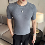 Summer Ice Silk Short Sleeve Knitted T-Shirts For Men Clothing 2023 Business Casual Slim Fit Elastic Tops&Tees Homme Black/White