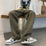 Ice Silk Men's Summer Harajuku Clothing Teachwear Baggy Y2K Clothes Plaid Pants Straight Trousers Streetwear For Men