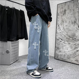 Men's High Street Jeans Loose Jeans Long Pants Hip Hop Men's Hong Kong Style Embroidered Loose Wide Leg Pants Boyfriend Jeans