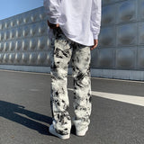 Mens Fashion Printed jeans Spring 2023 Mopping Trousers Jeans Korean Style High Street Loose Hip Hop Wide-leg Jean Pants