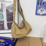 Female Canvas Fabric Hobo Soft Slouchy Shoulder Bag Y2K Student Leisure Medium Size School Book Laptop Pouch Messenger Side Bag