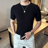 Summer Ice Silk Short Sleeve Knitted T-Shirts For Men Clothing 2023 Business Casual Slim Fit Elastic Tops&Tees Homme Black/White