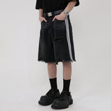 Side Striped Ripped Denim Shorts Trend Fashion Tassel Black Jeans Pants Men Summer Casual Streetwear Unisex Hip Hop Y2K Shorts