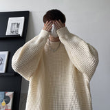 Men's Waffle Sweaters Round Neck Solid Color Korean Style Male Knitted Pullovers Loose Casual Winter Knitwear