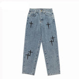 Ilooove Wide Leg Cargo Pants Cross Embroidery Streetwear Baggy men Jeans 2023 Spring Autumn Men Korean Fashion Loose Straight Male Cloth