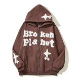 Broken Moon Planet Foam Graffiti Zipper Hooded Hoodies for Men Fleece Casual Cardigan Coat Unisex Hip Hop Loose Sweatshirts