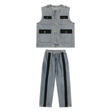 Contrast Color Denim Vest Jacket Wide Leg Straight Leg Pants Handsome High Street Suit Men's High-end Summer Streetwear