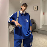 2023 Streetwear 2 Piece Waffle Pattern Men Shorts Sets Summer Oversized Tracksuit Mens Fashion Clothing Harajuku Loose Sweatsuit