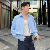 2023 Male Stylish Burrs Shirt Niche Design Casual Long Sleeve Short Top Men's Solid Color Turn-down Collar Clothing 9A8212