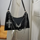 Y2k Hot Girl Chain Crocodile Pattern Handbag 2023 Summer Subculture Dark Punk Underarm Bag Cross Skull Shoulder Bag