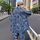 Checkered Imitation Denim Multi Pocket Set for Men's Short Sleeve Shirt 2023 Summer Retro Hong Kong Style Handsome Two-piece Set