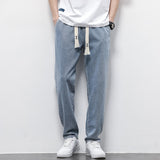 Autumn Winter Men's Jeans Cotton Soft Drawstring Straight Pants Elastic Waist Vintage Korea Casual Trousers Male