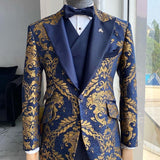 Jacquard Floral Tuxedo Suits for Men Wedding Slim Fit Navy Blue and Gold Gentleman Jacket with Vest Pant 3 Piece Male Costume