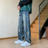 Ilooove Men's Tie-dyed Straight Jeans Hip Hop Neutral Denim Trousers Loose Wide Leg Street Cargo Pants Man chain Baggy Jeans Large 5xl