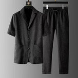 Men Blazers Two piece Sets Spring Summer Pleated Solid Shorts Sleeve Shirts Drawstring Pants Suits Thin Casual Outfits Clothing