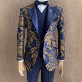 Navy Blue Floral Jacquard Prom Men Suits for Wedding Slim Fit Groom Tuxedo African Male Fashion Costume Jacket Pants 2023