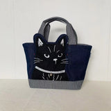 Women Creative Embroidered Three-dimensional Black Cat Handbag Carrying A Rice Box Bag Shopping Bag Cloth Bag Commuting Bag