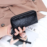 Fashion Floral Genuine Leather Women Clutch Purse Double Zipper Card Holder Wallets Female Wristlet Clutches Phone Purse Bag