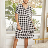 Loose Men's Pajamas Spring Medium Short Sleeve V-neck Plaid Printed Nightdress Cotton Nightgown Casual Pijamas for Men Sleepwear