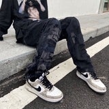 Embroidered patch hole straight jeans men and women stitching jogging pants trend loose wide leg hip hop trousers hot sale ins