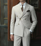 Double Breasted Suits for Men Wedding Prom Beige Slim Fit Formal Tuxedo with Peaked Lapel, Custom Made 2 Piece Blazer 2023