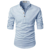 2023 Mens Linen Shirts Casual Long Sleeve Button Solid Loose Autumn Dress Henley Shirts Fashion Male Brand Clothes