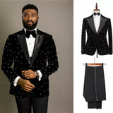 Stunning Beads Men Suits Slim Fit Black Velvet Wedding Tuxedos 2 Piece African Fashion Jacket with Pants Groom Wear 2023