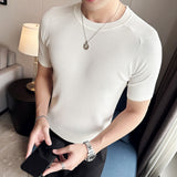 Summer Ice Silk Short Sleeve Knitted T-Shirts For Men Clothing 2023 Business Casual Slim Fit Elastic Tops&Tees Homme Black/White