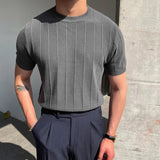 Ilooove Summer New Men Knited Short Sleeve T-shirts High Quality O-neck Tees Tops Pullovers Solid Stripe Slim Fit T-Shirts Male Clothing