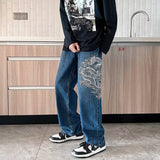 New Fashion Dragon Embroidery Baggy Men Straight Jeans Pants Y2K Clothes Hip Hop Loose Wide Leg Denim Trousers Ropa Hombre