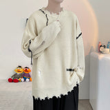 Pullovers Men Ripped Trendy Irregular Sweater Autumn High Street Unisex Loose Knitting Print Leisure Chandails Harajuku Popular