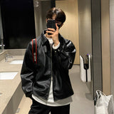 Ilooove Korean Chic Double Zipper Men's PU Leather Jacket 2023 New Black Simple Trendy Lapel Autumn Black Coats Chic Casual 9A1175