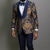 Navy Blue Floral Jacquard Prom Men Suits for Wedding Slim Fit Groom Tuxedo African Male Fashion Costume Jacket Pants 2023