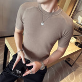 Summer Ice Silk Short Sleeve Knitted T-Shirts For Men Clothing 2023 Business Casual Slim Fit Elastic Tops&Tees Homme Black/White