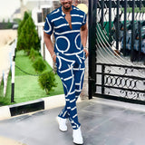 Ilooove Spring Summer Men's Casual Two Piece Sets Short Sleeve Tops And Long Pants Suit Fashion Pattern Print Outfit Men Streetwear