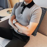 British Style Summer Short Sleeve Knitted Polo Shirts For Men Clothing 2023 Business Casual Slim Fit Striped Tees Homme 4XL-M