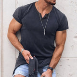 Streetwear Casual Simple Mens Slim T Shirts Leisure Pure Color Short Sleeve V Neck Tees Spring Summer Fashion Simple Basic Tops