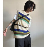 Japanese Retro Contrast Color Hollow Knitted Vest Men Summer Thin Section Loose Casual Harajuku Pullover Men Ins Striped Vest